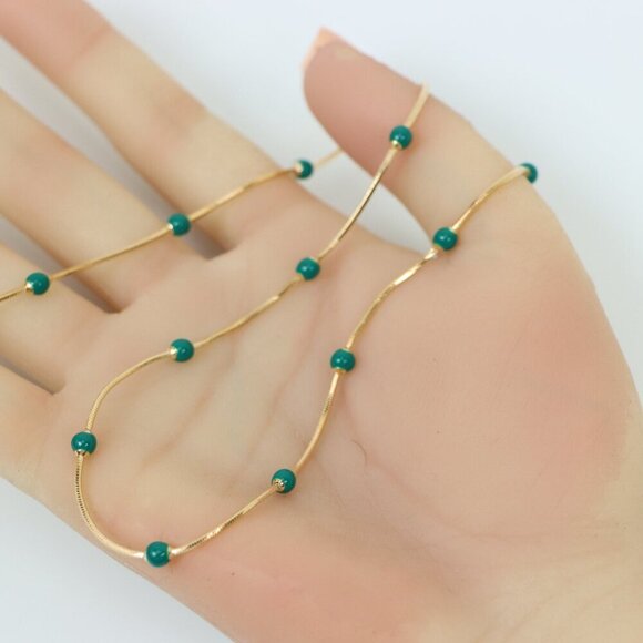 "Rose Gold Necklace with Green Beads Subtle Pop of Color, XPNL0139 - Picture 2 of 12